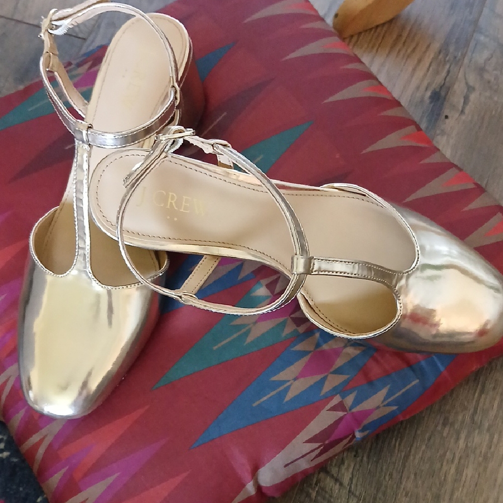 J. Crew Women's Gold T-Strap Block Heels 8.5